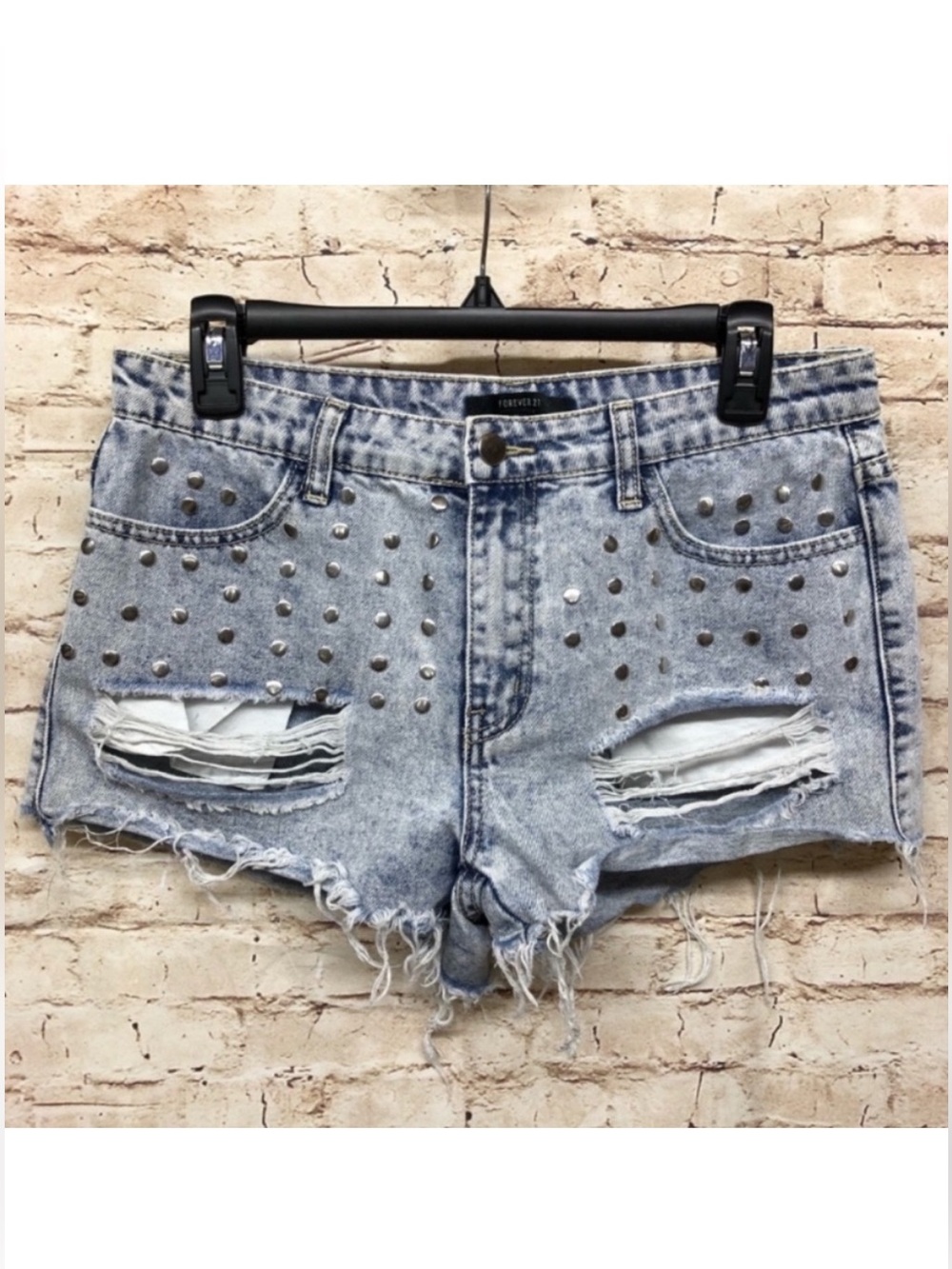 Forever 21 Jean Shorts Size M Acid Wash Distressed Destroyed Fringe Studded Cut